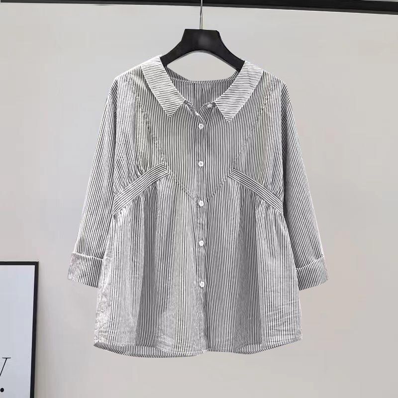 Women's Clothing Spring And Autumn Small Fresh Light Blue Vertical Striped Shirt Female Design Waist Long Sleeve Loose Top_ecoleips.com
