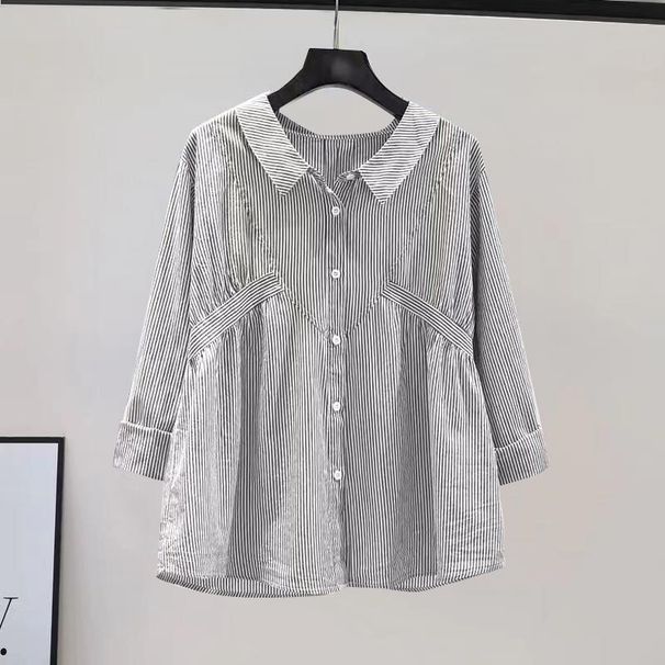 Women's Clothing Spring And Autumn Small Fresh Light Blue Vertical Striped Shirt Female Design Waist Long Sleeve Loose Top_ecoleips.com