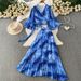 Elegant Abstract Print Wrap Top With Flared Sleeves And High-Waisted Pleated Maxi Skirt Set, Criss-Cross Back Women's Outfit_ecoleips.com
