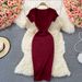 Women's Clothing Tight Slim Square Collar Knitted Dress Short-sleeved Elegant Sexy Spice Girl Hip Long Dress_ecoleips.com