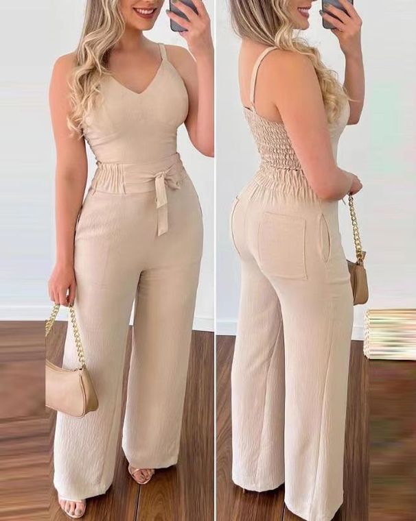 Women’s Clothing Summer Sexy Backless Suspender V neck Short Vest Tether High Waist Straight Pants Casual Suit_ecoleips.com
