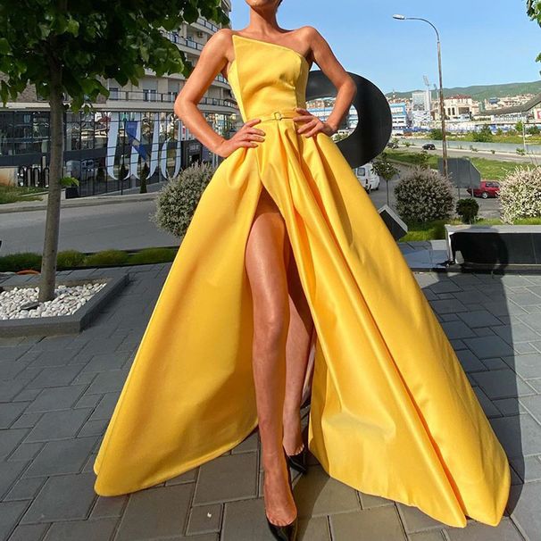 Women's Clothing One Shoulder Top Sexy Slit Dress_ecoleips.com