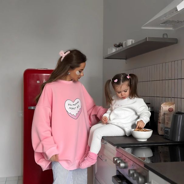Women's Clothing Pink Heart Print Round Neck Pullover Sweater Women's Trendy Brand Autumn And Winter Plus Velvet Warm Oversize Top_ecoleips.com