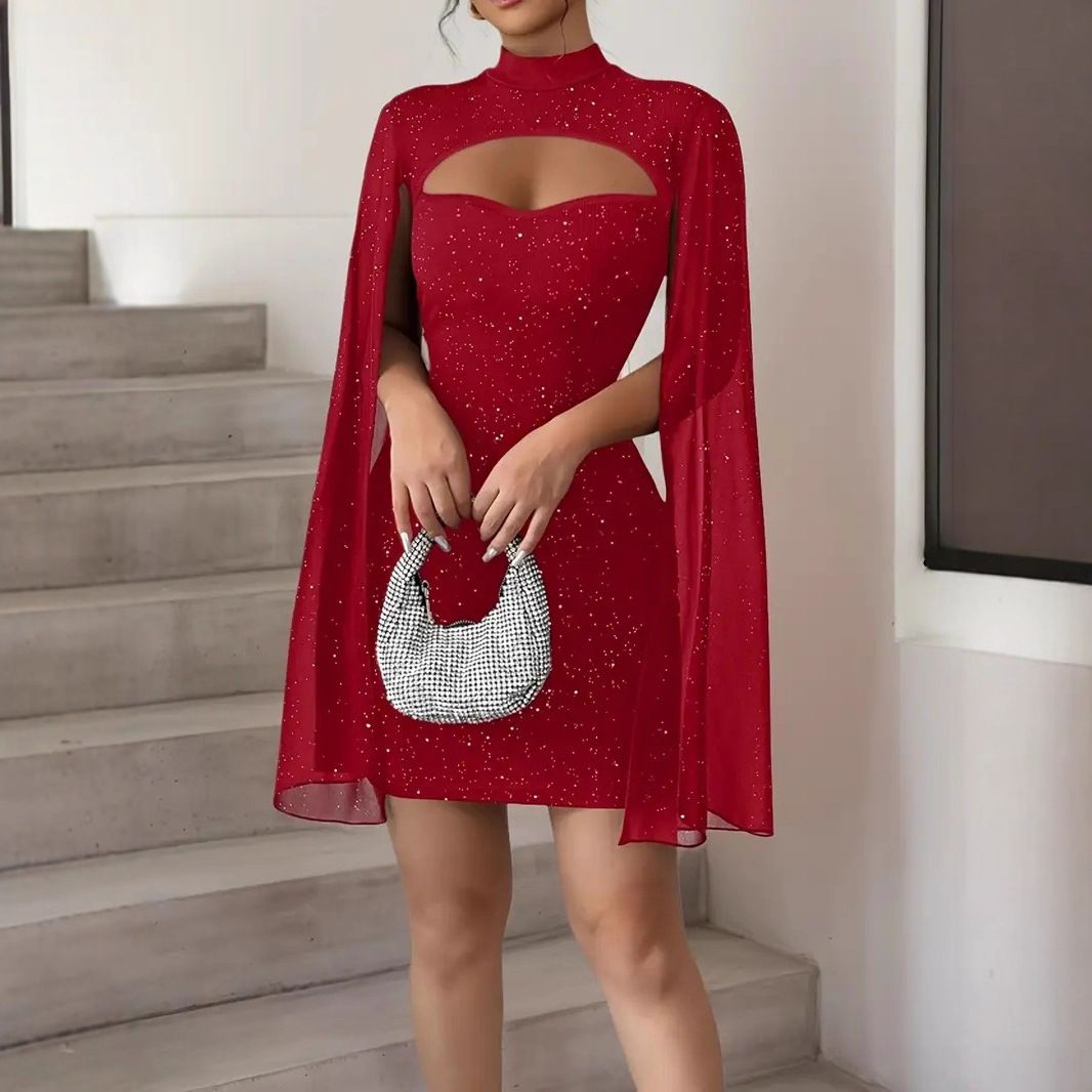 Flowy Chiffon Cape Dress – Ribbed High-Neck Bodycon Midi Dress (XS-XL,Red And Black))_ecoleips.com