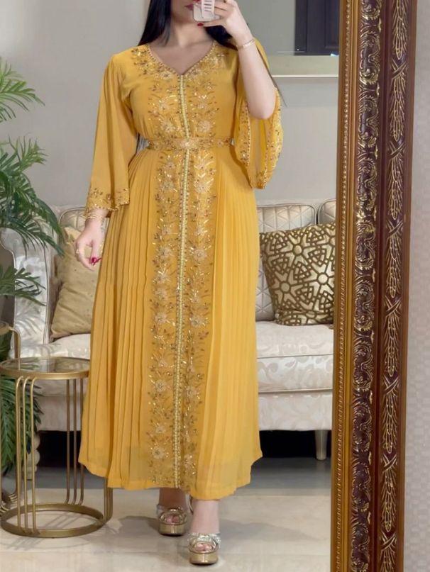 Women's Clothing Middle East Embroidered Sewn Diamond Kaftan Robe Evening Dress_ecoleips.com