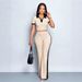 Summer Polo Neck Top And Slim Fit Flared Pants Two Piece Set For Women_ecoleips.com