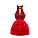 Glamorous Sequin Mesh Party Dress – V-Neck Halter Design With Puff Sleeves & Patchwork Detailing (Red/Black, S/M/L)_ecoleips.com