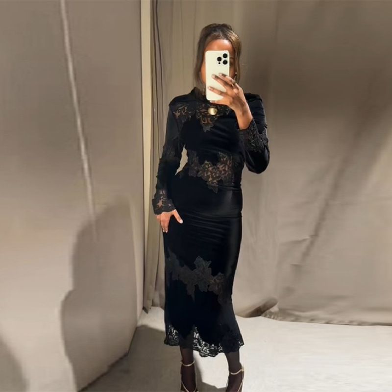 Elegant Temperament Fashion Black Long Cheongsam Dress Long Sleeve Lace Splicing Vintage Formal Party Evening Long Dress_ecoleips.com