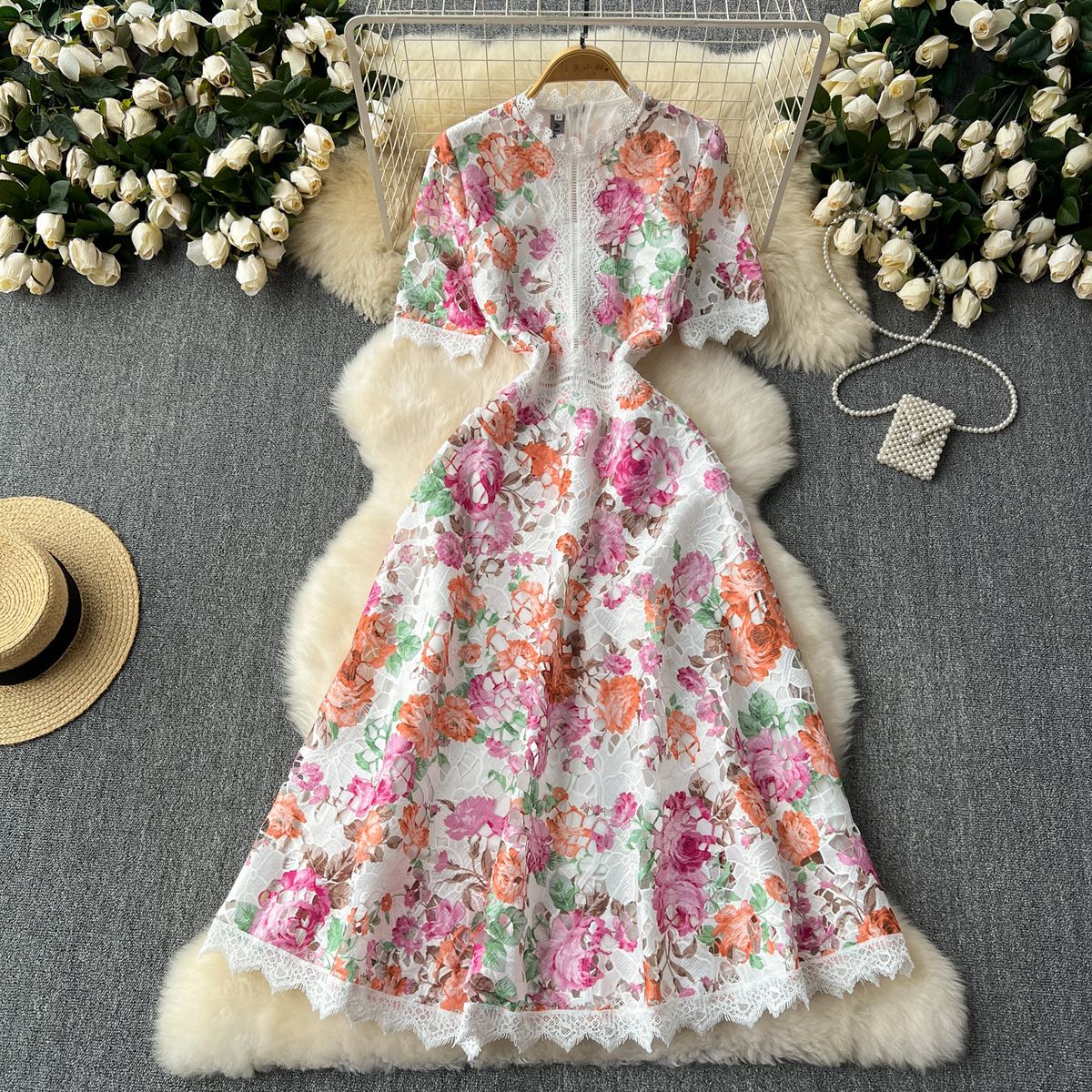 Women's Clothing French Vintage Floral Lace Dress – Elegant Wrap Waist & Feminine Fit (S-2XL)_ecoleips.com