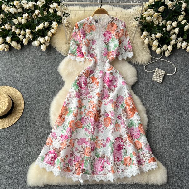 Women's Clothing French Vintage Floral Lace Dress – Elegant Wrap Waist & Feminine Fit (S-2XL)_ecoleips.com