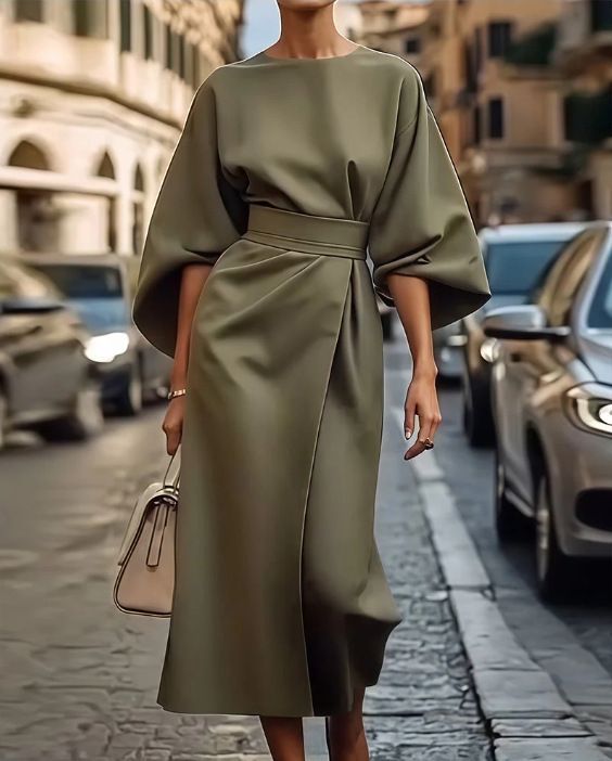 Women's Clothing Fashion Temperament Elegant Solid Color Waist Dress Casual Bat Sleeve Long Dress_ecoleips.com