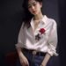 European-style White Printed Satin Shirt For Women, High-end, Light Luxury, Elegant Socialite Top, Unique And Stunning_ecoleips.com