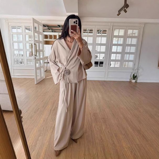Women's Clothing Women's Fashion Casual Suit Flower Tie Cardigan High Waist Wide Leg Trousers Two Piece Suit For Women_ecoleips.com