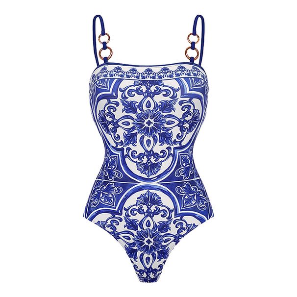 Flaxmaker Women Sexy Bikini Set Swimsuit Sling Classic Majolica Series Pattern Print One Piece Swimsui Summer Biquini Beachwear_ecoleips.com