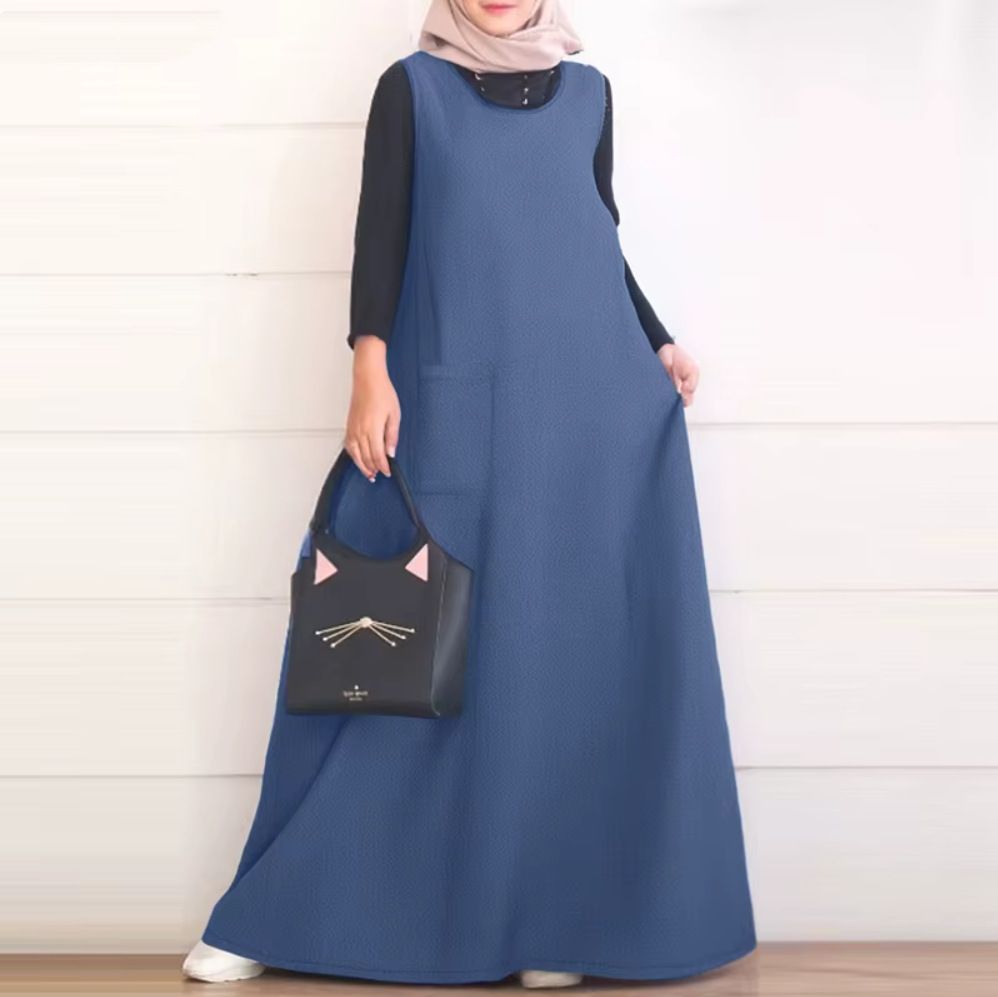 Women's Clothing Muslim Fashion Loose Large Size Sleeveless Long Solid Color Denim Dress_ecoleips.com