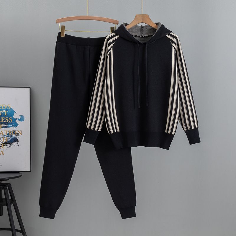 Women's Clothing Age Reducing Knitted Sweater Suit Women's Autumn Hooded Sweater High Waist Trousers Two Piece Suit_ecoleips.com