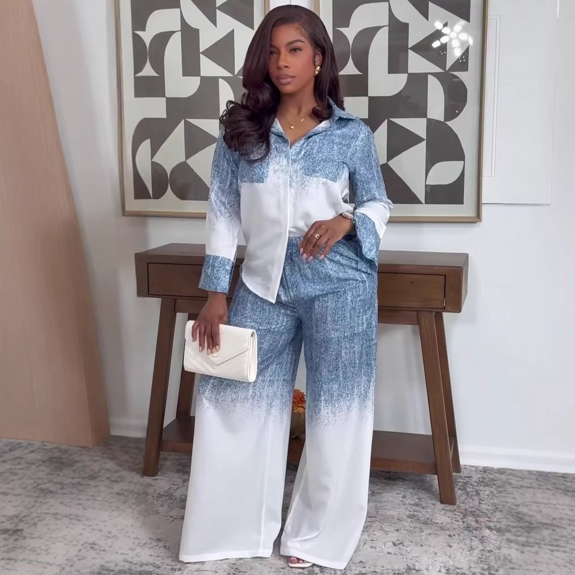 Elegant Contrast Color Long Sleeve Blouse & High-Waist Pants Set – African-Inspired Office Casual Outfit For Women_ecoleips.com