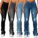 High-Waisted Layered Denim Flared European And American INS Trend Slim Fit Ripped Slimming Women's Straight-Leg Pants_ecoleips.com