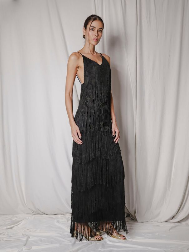 Stylish V Neck Sleeveless Tassel Decor Long Dress Fashion Cocktail Party Prom Evening Gown_ecoleips.com