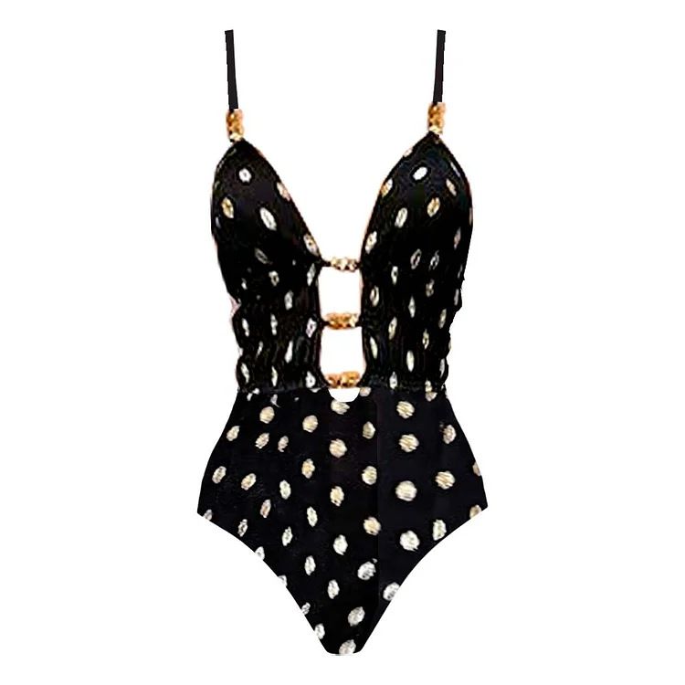 Women's Retro Polka Dot Print Deep V One Piece Swimsuit Sexy Vacation Swimwear_ecoleips.com