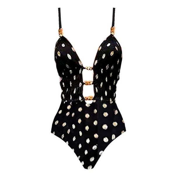 Women's Retro Polka Dot Print Deep V One Piece Swimsuit Sexy Vacation Swimwear_ecoleips.com