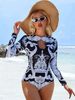 Black & White Print Long-Sleeve One-Piece Swimsuit For Women - Surf-Ready UPF 50+ & Tummy Control - S/M/L/XL"_ecoleips.com