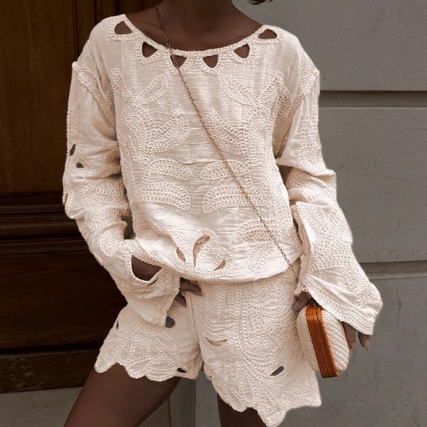 Women's Clothing Hook Flower New Hollow French Suit Shorts Suit_ecoleips.com