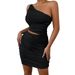 New Cross-border Foreign Trade Women's Clothing, European And American Fashion One-shoulder Ruched Dress, Solid Color_ecoleips.com