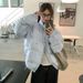 Japanese Korean Vibe Striped Bow Cotton Jacket – Winter Fashion Thickened Warm Coat, Cute & Stylish Short Puffer Coat With Princess Sleeves (Blue)_ecoleips.com