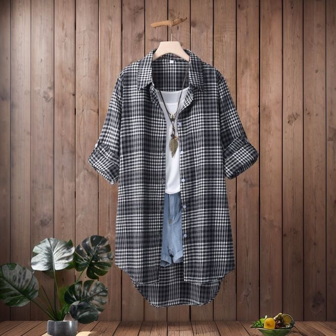 Spring Plus Size Women's Literary Retro Casual Midi Plaid Shirt Jacket_ecoleips.com