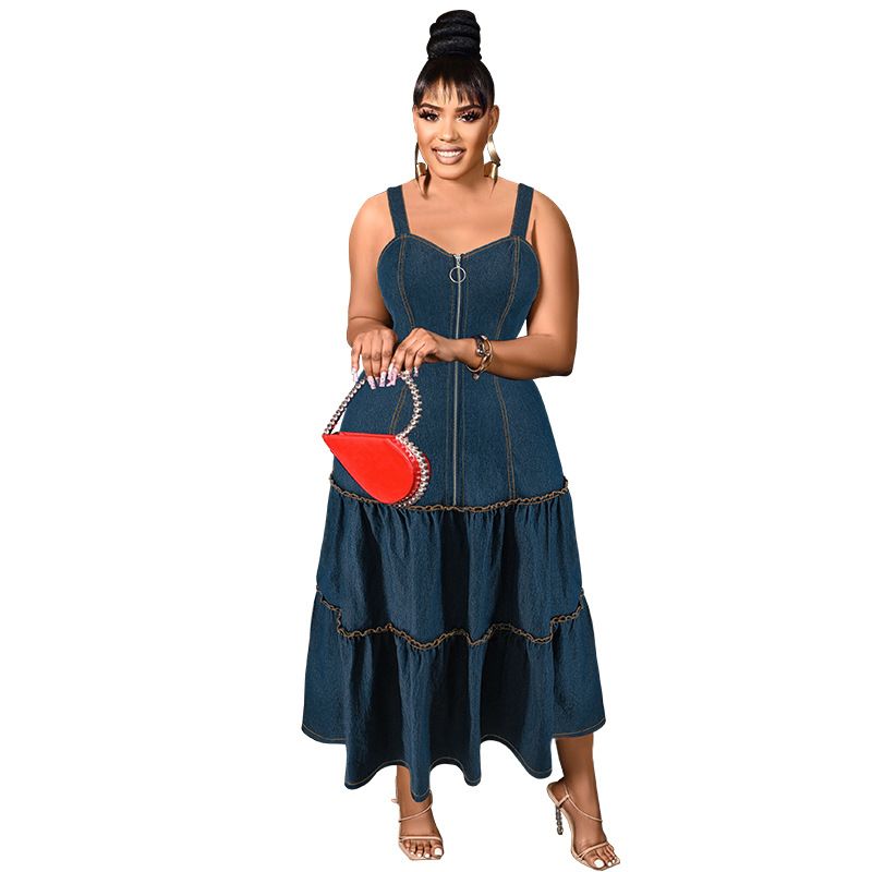 Plus Size Women's Denim Dress - Sleeveless Strappy Long Maxi Washed Denim Jumper_ecoleips.com
