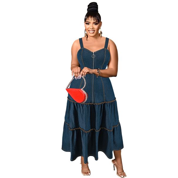 Plus Size Women's Denim Dress - Sleeveless Strappy Long Maxi Washed Denim Jumper_ecoleips.com