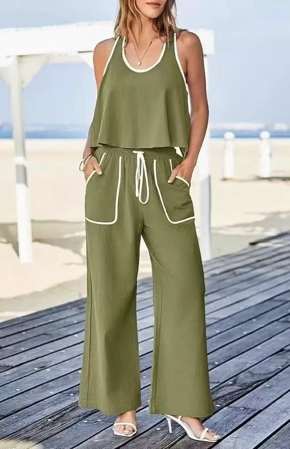 Women's Clothing Cotton And Linen Leisure Loose Pullover Contrast Color Two Piece Suit For Women_ecoleips.com
