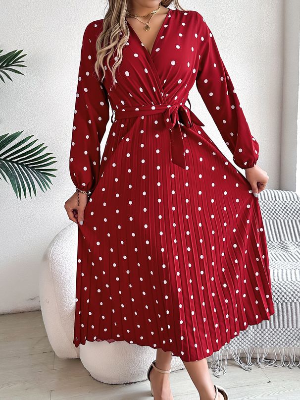 Real Shot Of 2026 Spring/Summer European And American Elegant Color-blocked Polka Dot Cross V-neck Pleated Long Dress_ecoleips.com