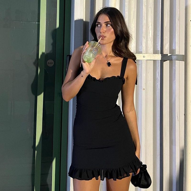 Wind Women's 2024 Summer New Sexy Low Cut One Neck Suspender Slim Fit Waist Slimming Dress_ecoleips.com