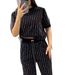 Women's Slim-Fit Knit Blazer Set With Rhinestone Striped Tee - Summer Office Wear, Stretchy Polyester Suit (Black, S-XXXL)_ecoleips.com