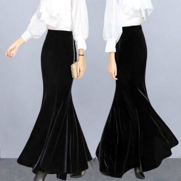Verve Velvet Midi Autumn New High-end Long Fishtail Plus Size Hip High Waist Winter Skirt_ecoleips.com