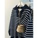 Real Shot Of Foreign Trade Hong Kong Half-zip Polo Collar Striped Sweatshirt For Women, Spring And Autumn Thin Loose_ecoleips.com