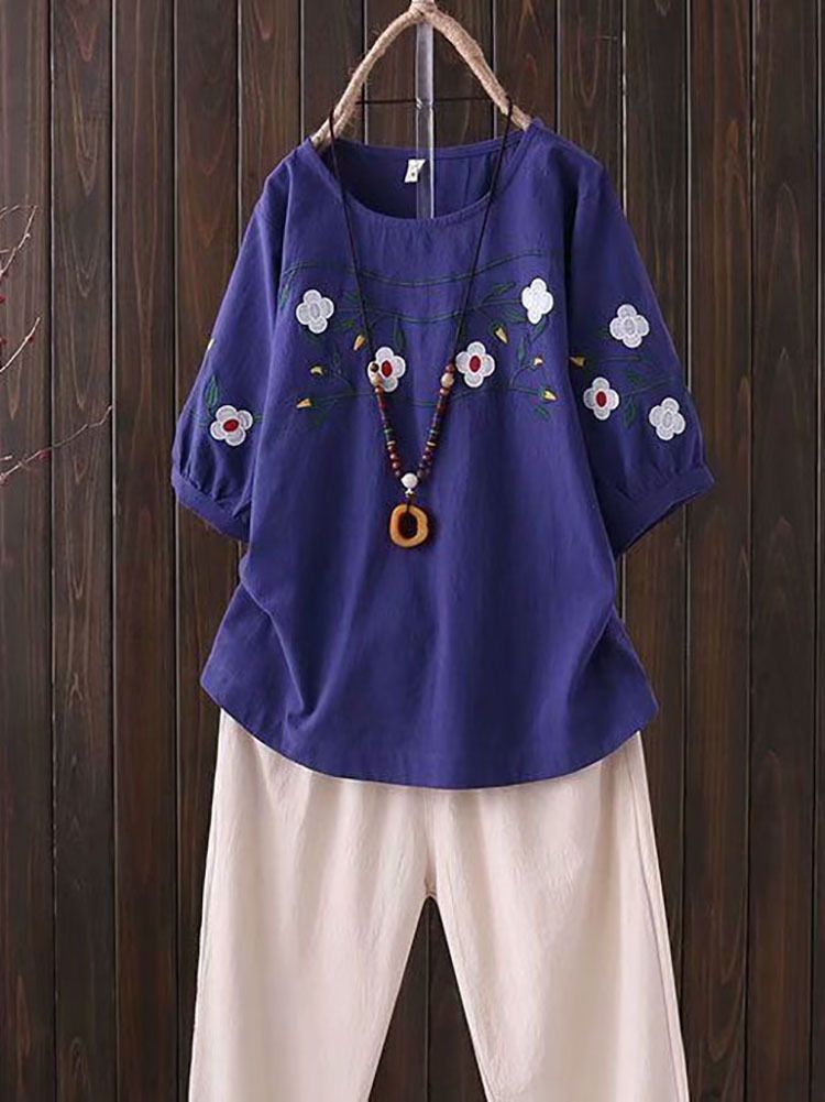 Spring And Summer Youthful Ethnic Style Large-Sized Loose Slimming Short-Sleeved Top Cotton And Linen Embroidered T-Shir_ecoleips.com