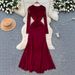 Elegant Women's Long Sleeve Evening Dress Wrap Waist Knot Detail Chiffon Gown for Formal Occasions_ecoleips.com