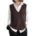 Cross-border V-neck Knitted For Women, Fashionable New Vintage Simple Layered Solid Color Loose Vest Top Trendy_ecoleips.com