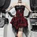 Women's Elegant Sexy Red Plaid Strapless Bodycon Skirt Dress Summer 2024 New Fashion Casual Midi Skirt_ecoleips.com