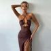 Women Glamorous Figure‑Flattering Maxi Dress With Trendy Halter Neck, Chest‑Accentuating Ruched Detail & Dramatic High Side Slit_ecoleips.com