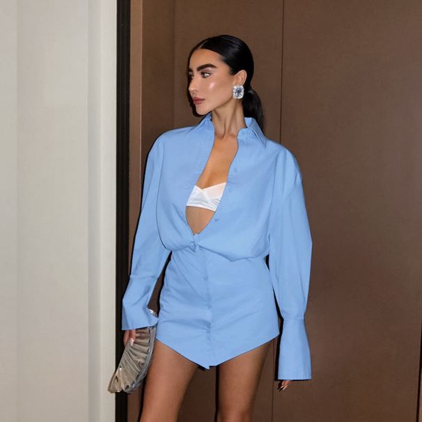 Spring Summer Fresh Blue Loose Turn-Down Collar Shirt Sleeve Bodycon Slim Cross-Border European And American Fashion_ecoleips.com