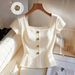 Women's Square Neck Short Sleeve Shirt - Elegant Office Blouse With Button Detail For Summer_ecoleips.com