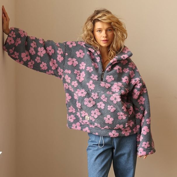 Women's Long Sleeved Zipper Sweater Fashion Imitation Lambswool Print Loose Top for Spring Clothing_ecoleips.com