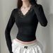 Cross-Border Foreign Trade New Hot Girl V-Neck Lace Spliced T-Shirt Women Autumn Slim Low Neck Inner Wear Base Shirt_ecoleips.com