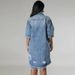 K Large Size Women's New Denim Ripped Tassel Short Sleeved Lapel Dress_ecoleips.com