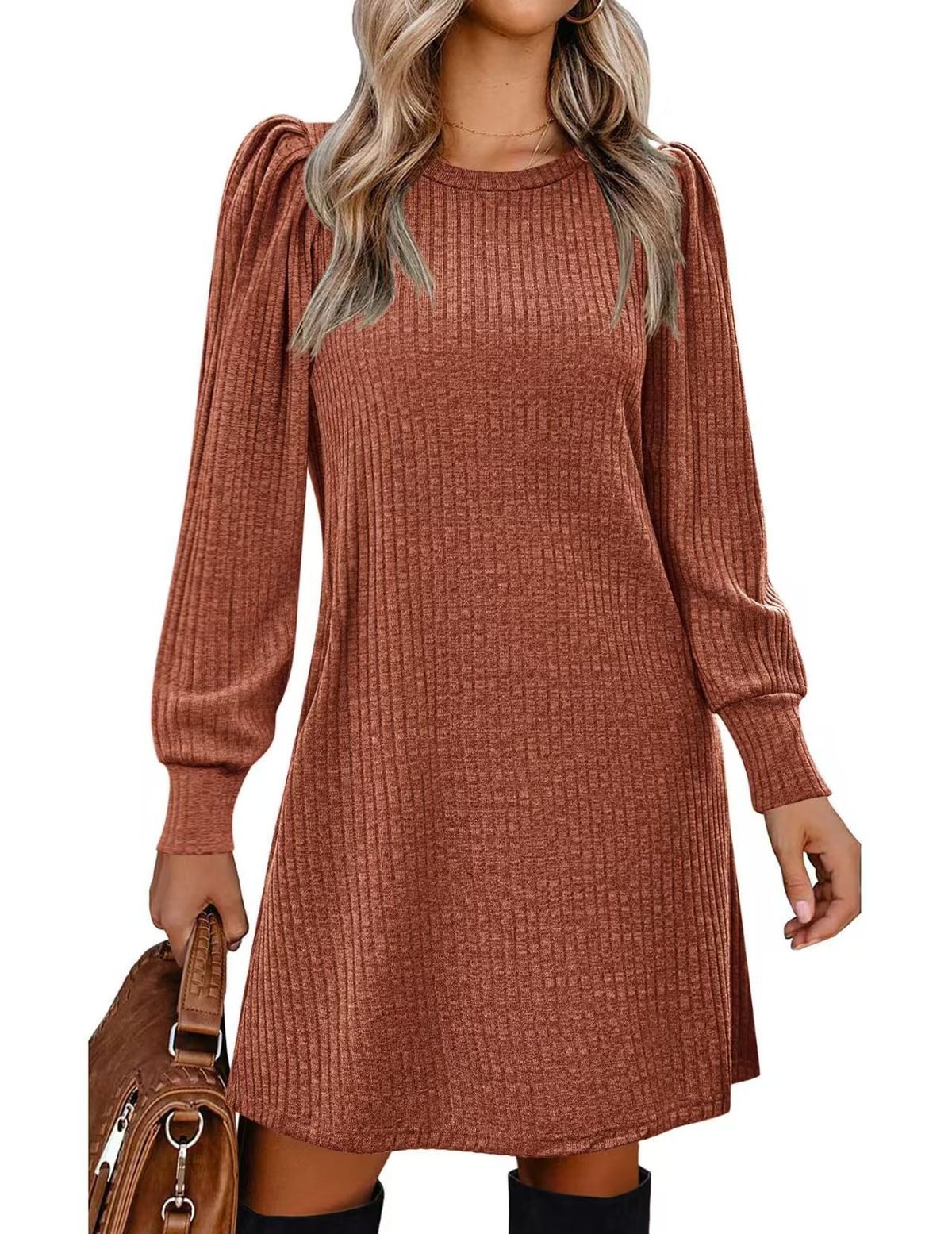 Women's Round Neck Puff Sleeve Mid Length Dress Brushed Ribbed Solid Color Autumn Winter_ecoleips.com