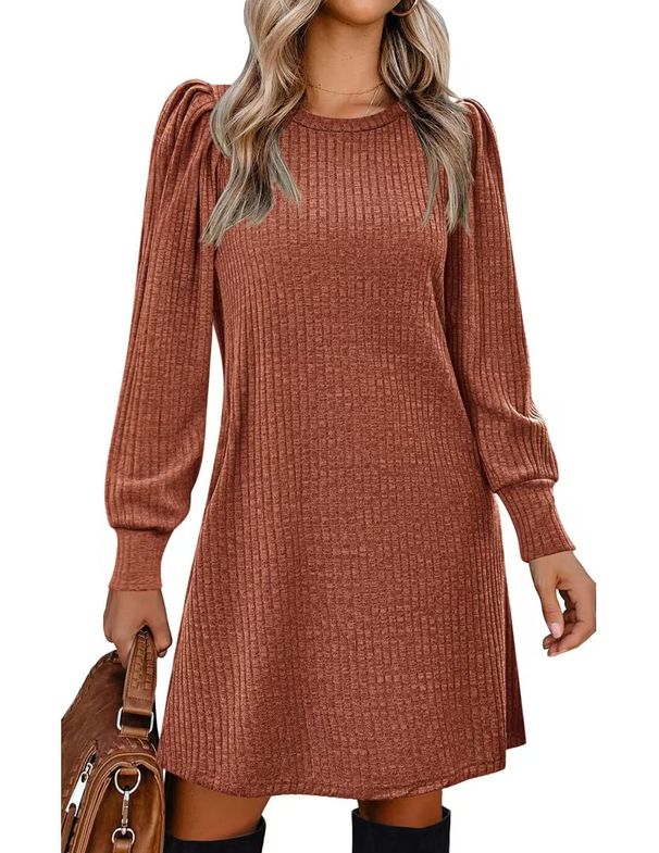 Women's Round Neck Puff Sleeve Mid Length Dress Brushed Ribbed Solid Color Autumn Winter_ecoleips.com